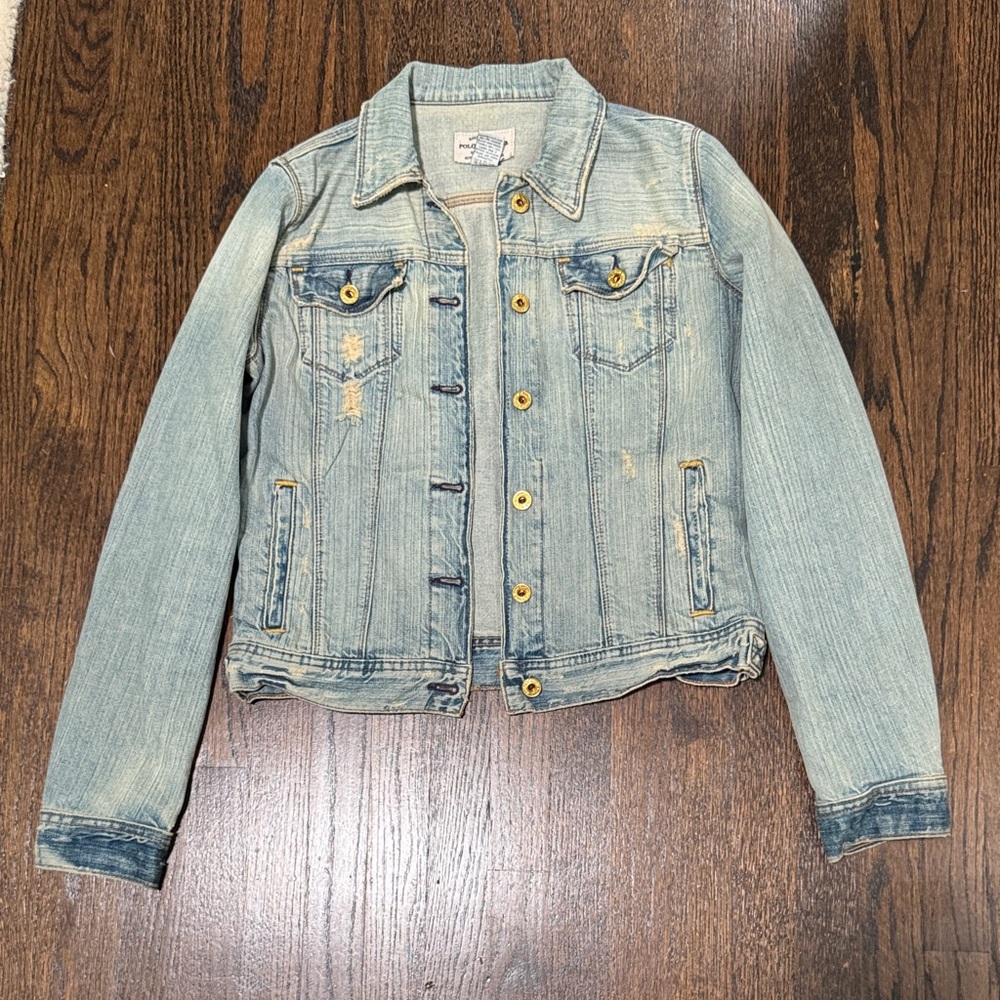 Women’s Ralph Lauren Polo Jeans CO. Denim Trucker Jacket Light Blue Distressed